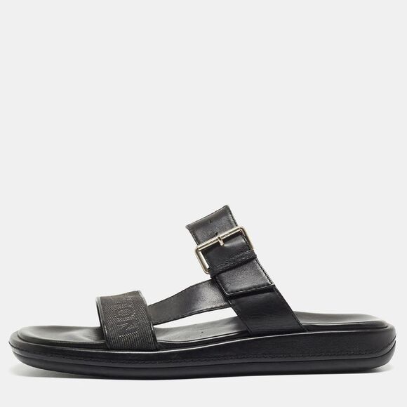 Louis Vuitton Black Leather and Logo Canvas Slide Sandals Size 44.5 - Picture 1 of 4